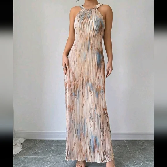 Women's Elegant Tie-Dye Printed Pleated Dress Maxi Women Outfit - Picture 3 of 4